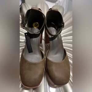 House of Harlow 1960 Taupe Suede Ankle-Strap Block Heels